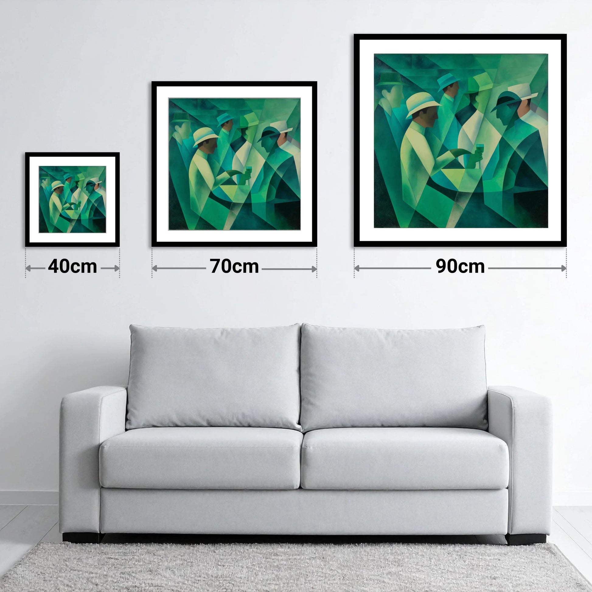 The Emerald Enclosure - size guide showing 40cm, 70cm and 90cm art prints