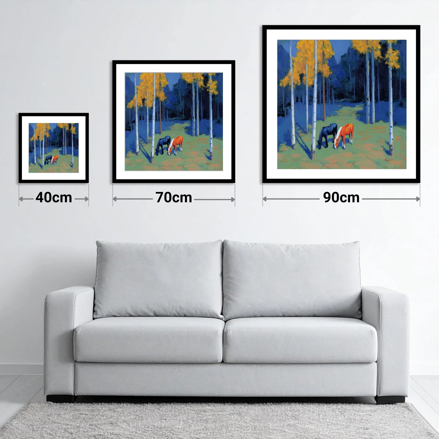 Birch Grove Grazing - size guide showing 40cm, 70cm and 90cm art prints