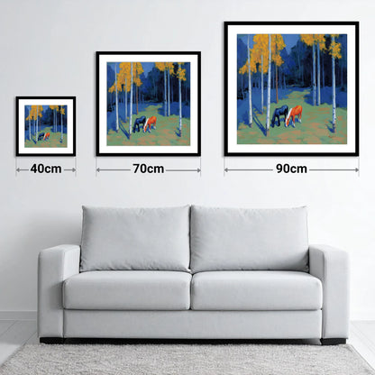Birch Grove Grazing - size guide showing 40cm, 70cm and 90cm art prints