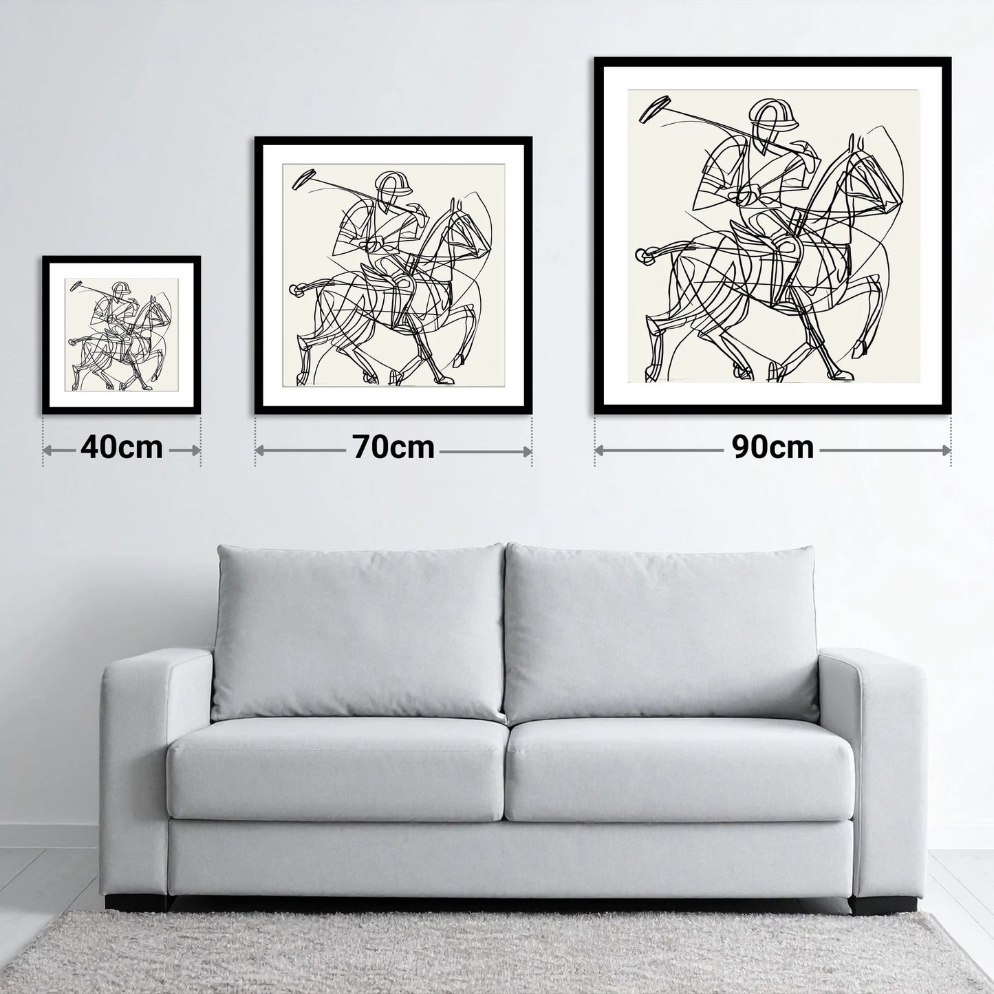 Linear Polo Strike - size guide showing 40cm, 70cm and 90cm art prints