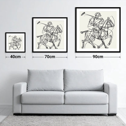 Linear Polo Strike - size guide showing 40cm, 70cm and 90cm art prints
