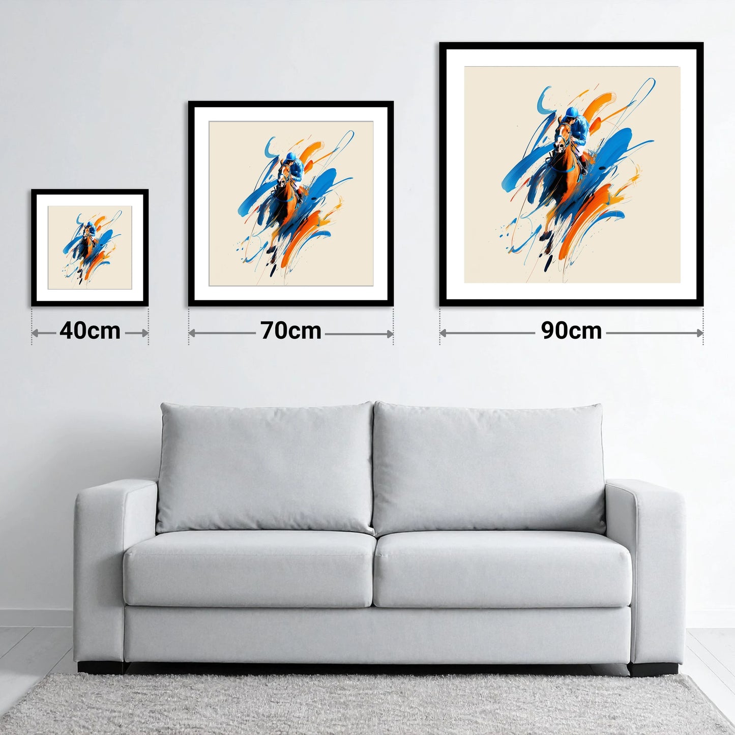 Sprint to the Wire - size guide showing 40cm, 70cm and 90cm art prints