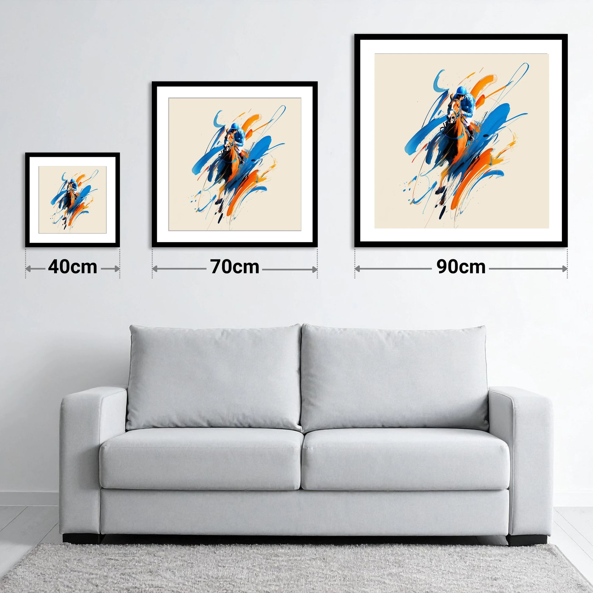 Sprint to the Wire - size guide showing 40cm, 70cm and 90cm art prints