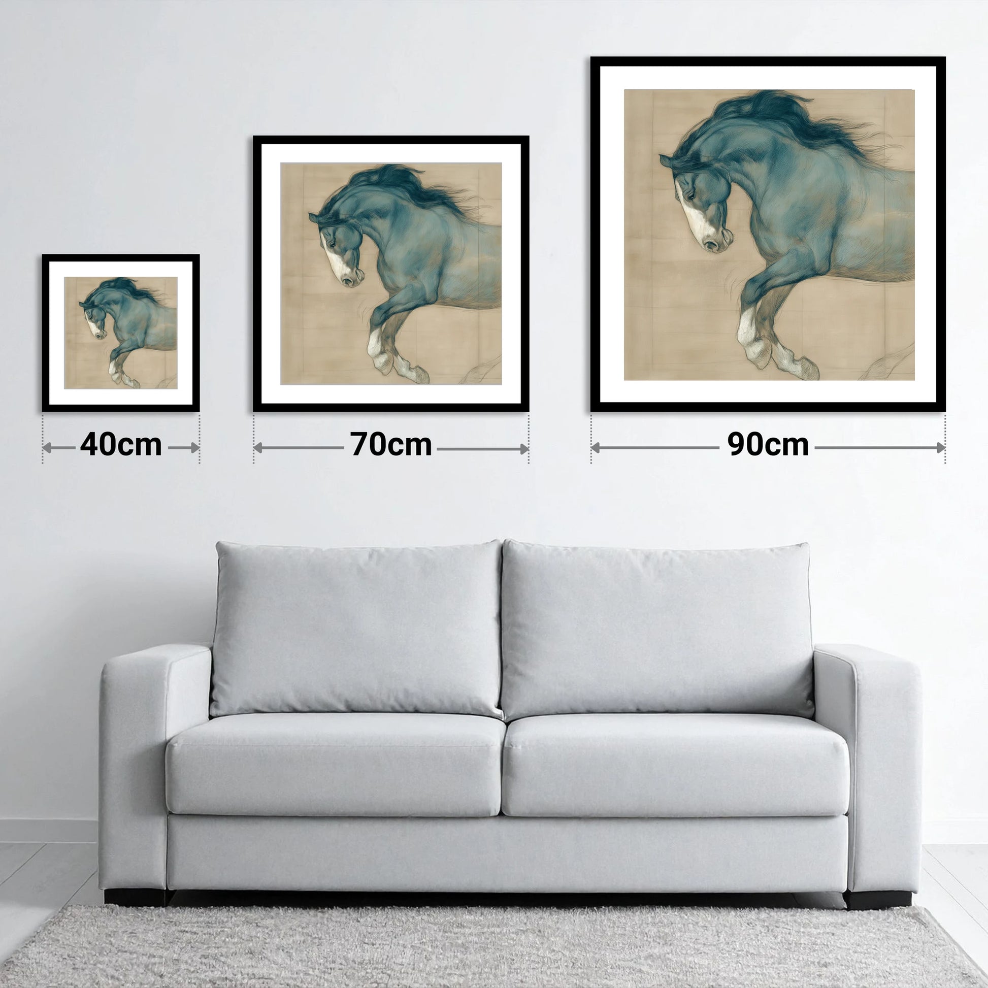 Study in Teal - size guide showing 40cm, 70cm and 90cm art prints
