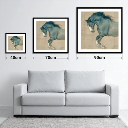 Study in Teal - size guide showing 40cm, 70cm and 90cm art prints