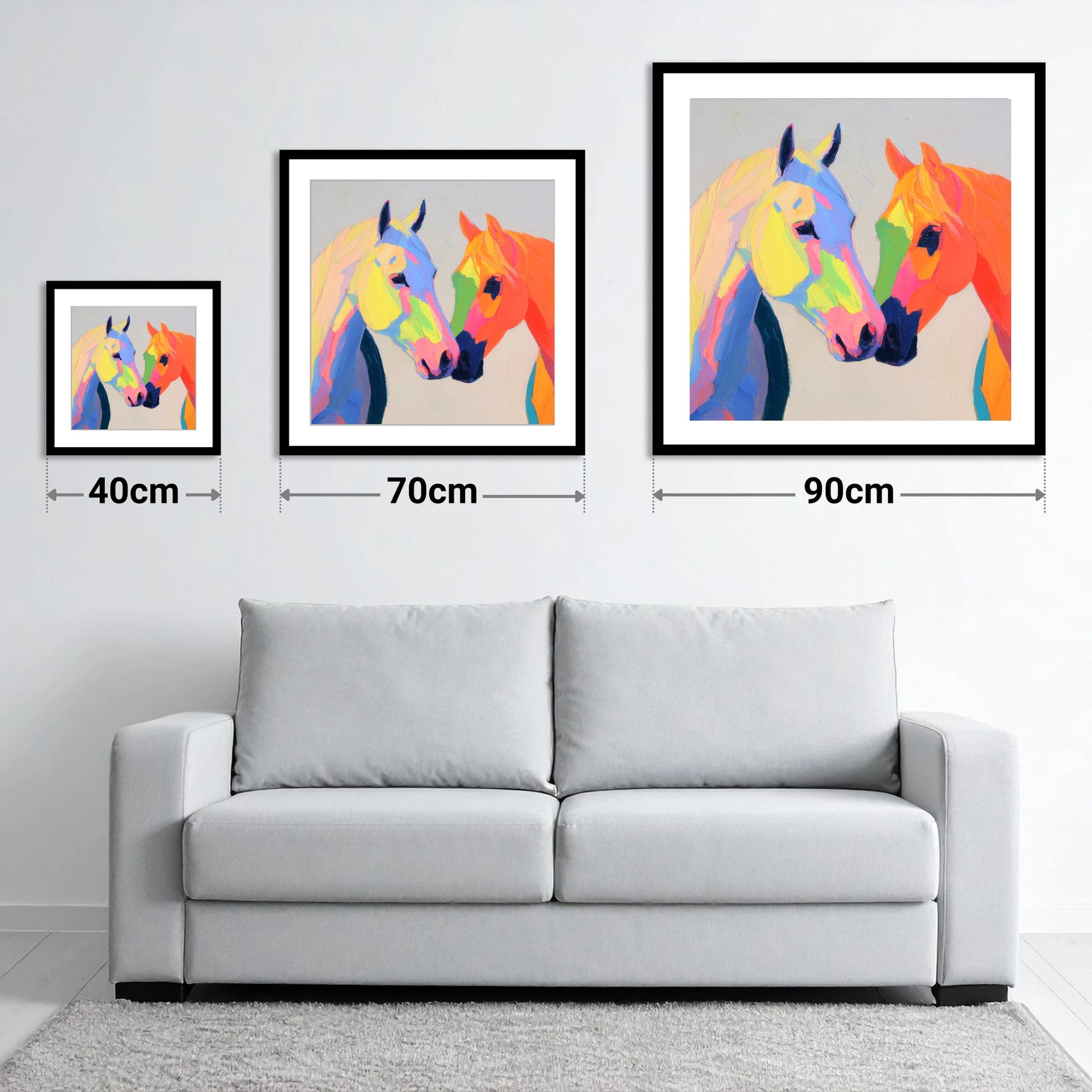 Technicolour Companions - size guide showing 40cm, 70cm and 90cm art prints