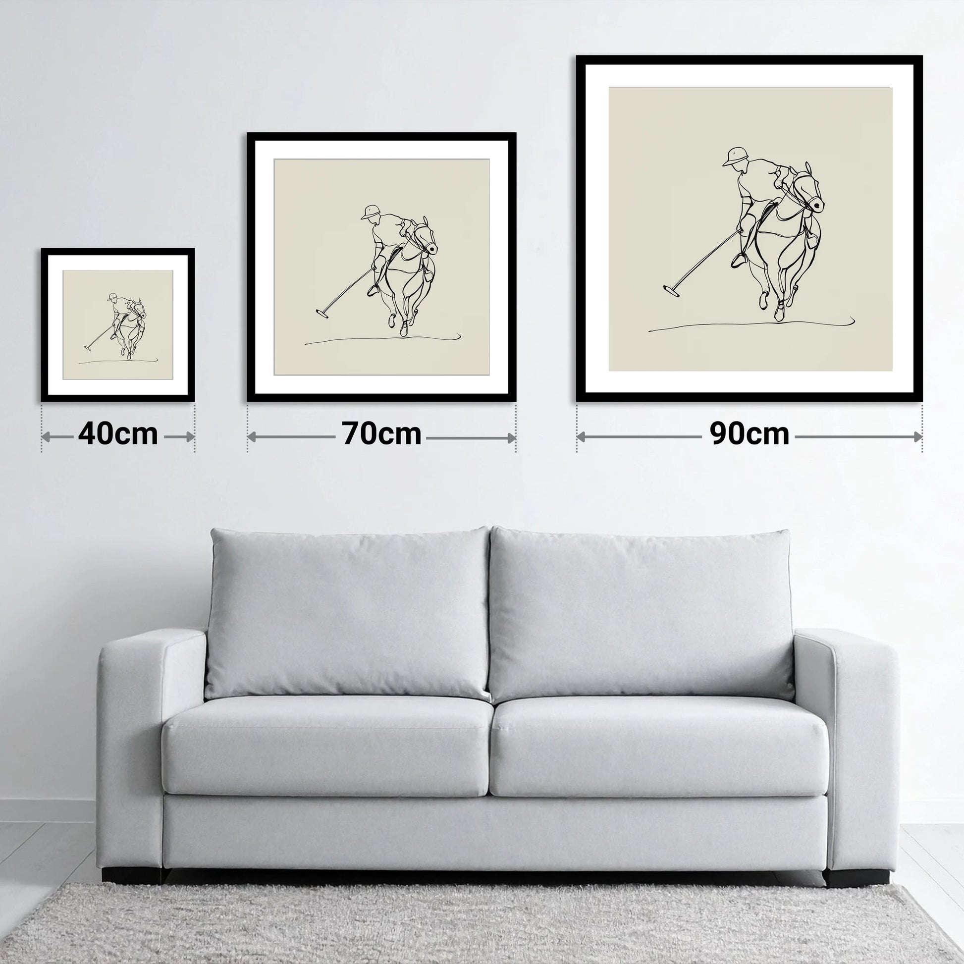 The Elegant Chukka - size guide showing 40cm, 70cm and 90cm art prints