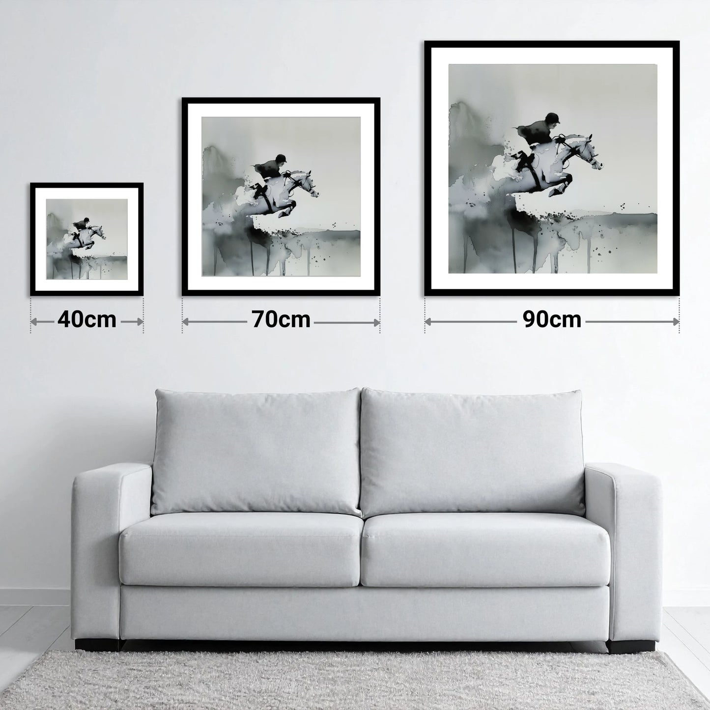 Airborne Shadows - size guide showing 40cm, 70cm and 90cm art prints