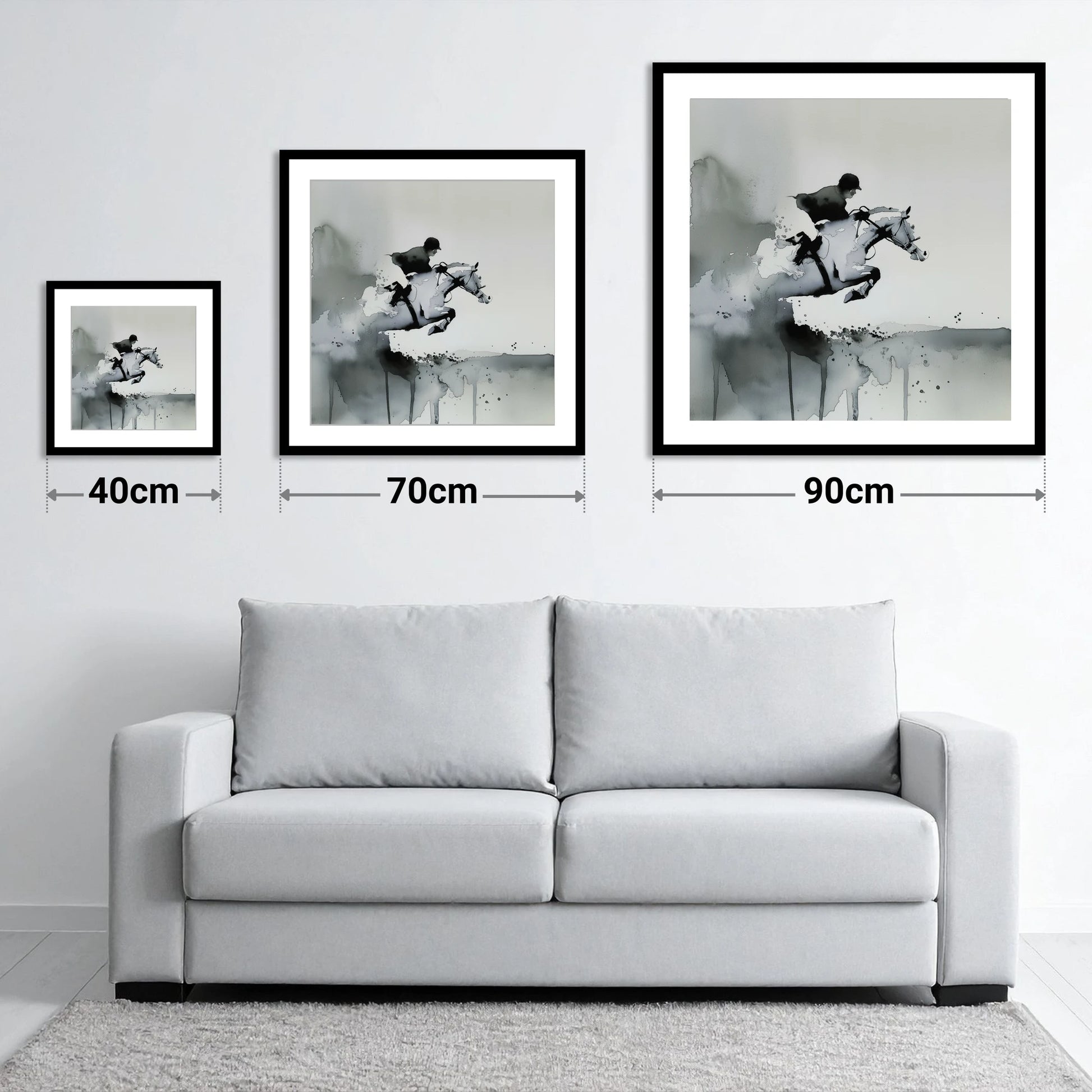 Airborne Shadows - size guide showing 40cm, 70cm and 90cm art prints