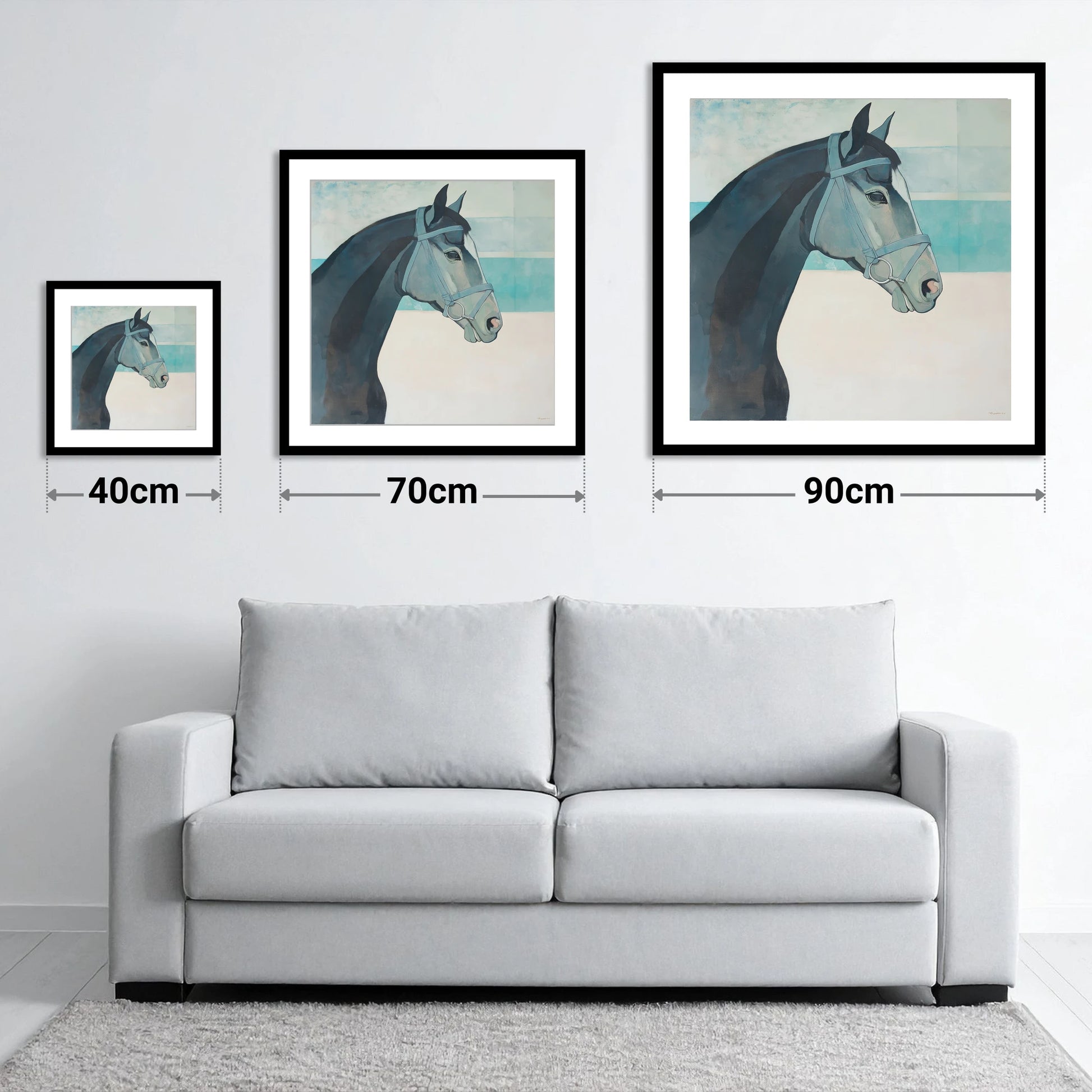 Serene Aquamarine Profile - size guide showing 40cm, 70cm and 90cm art prints