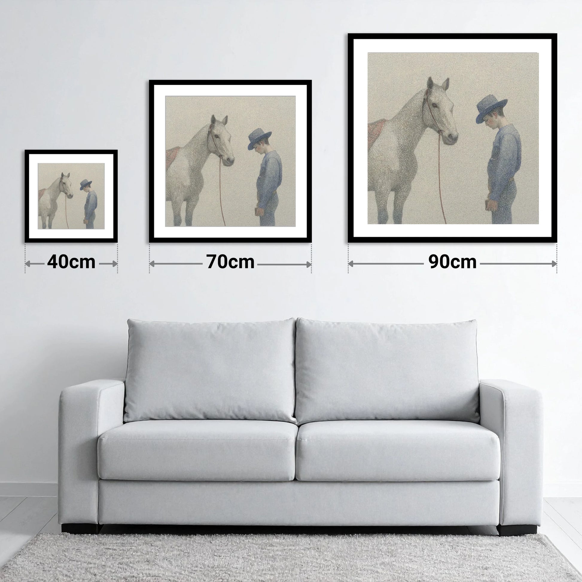 The Quiet Bond - size guide showing 40cm, 70cm and 90cm art prints