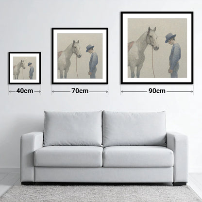 The Quiet Bond - size guide showing 40cm, 70cm and 90cm art prints