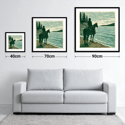 Coastal Solitude - size guide showing 40cm, 70cm and 90cm art prints