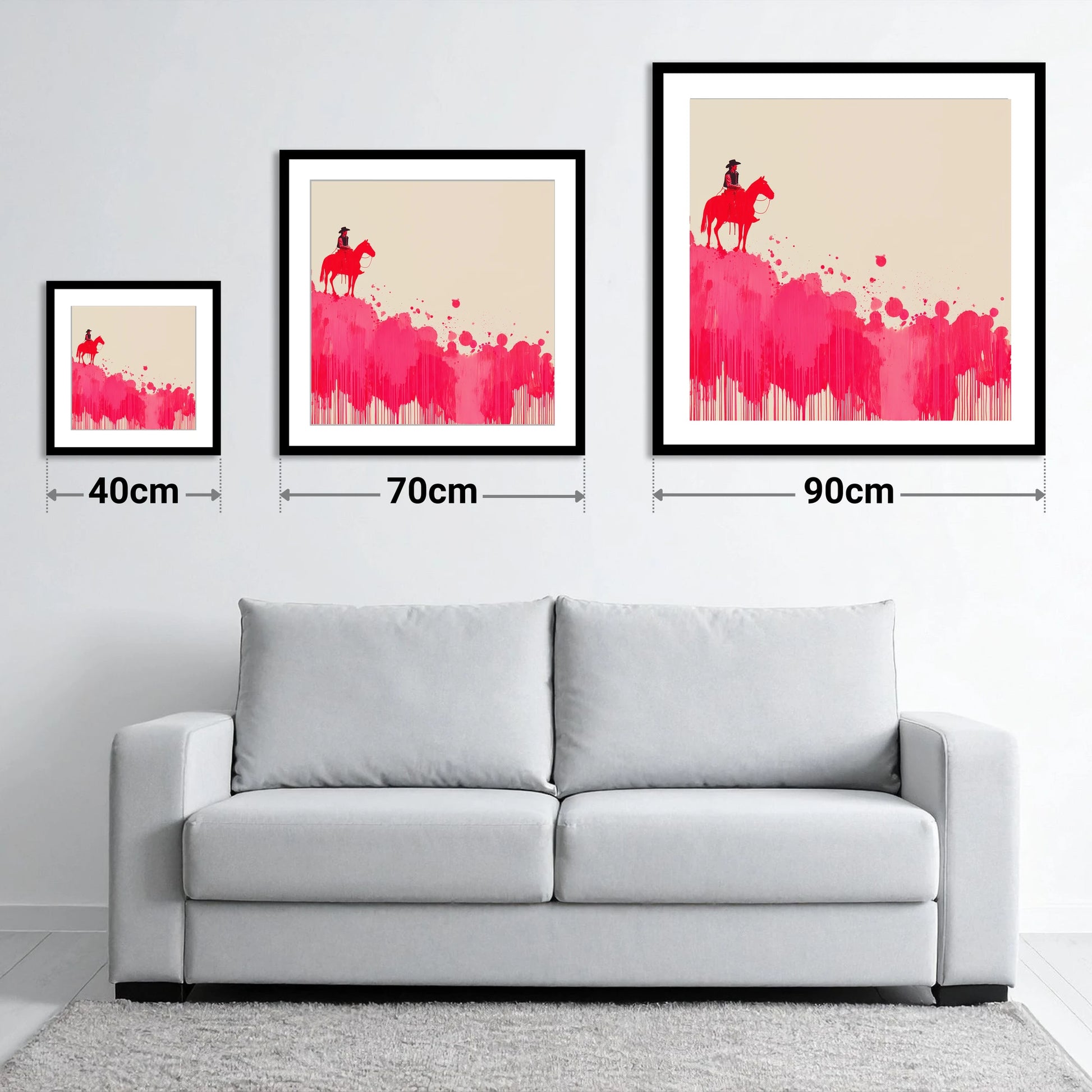 Magenta Maverick - size guide showing 40cm, 70cm and 90cm art prints