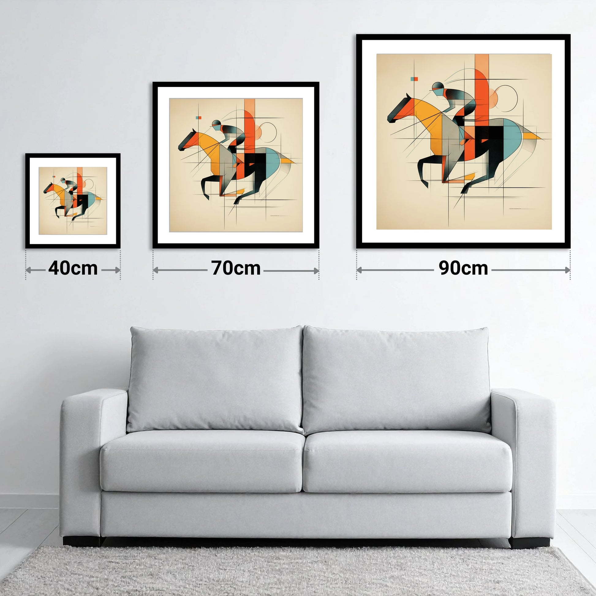 Geometric Racing Form - size guide showing 40cm, 70cm and 90cm art prints