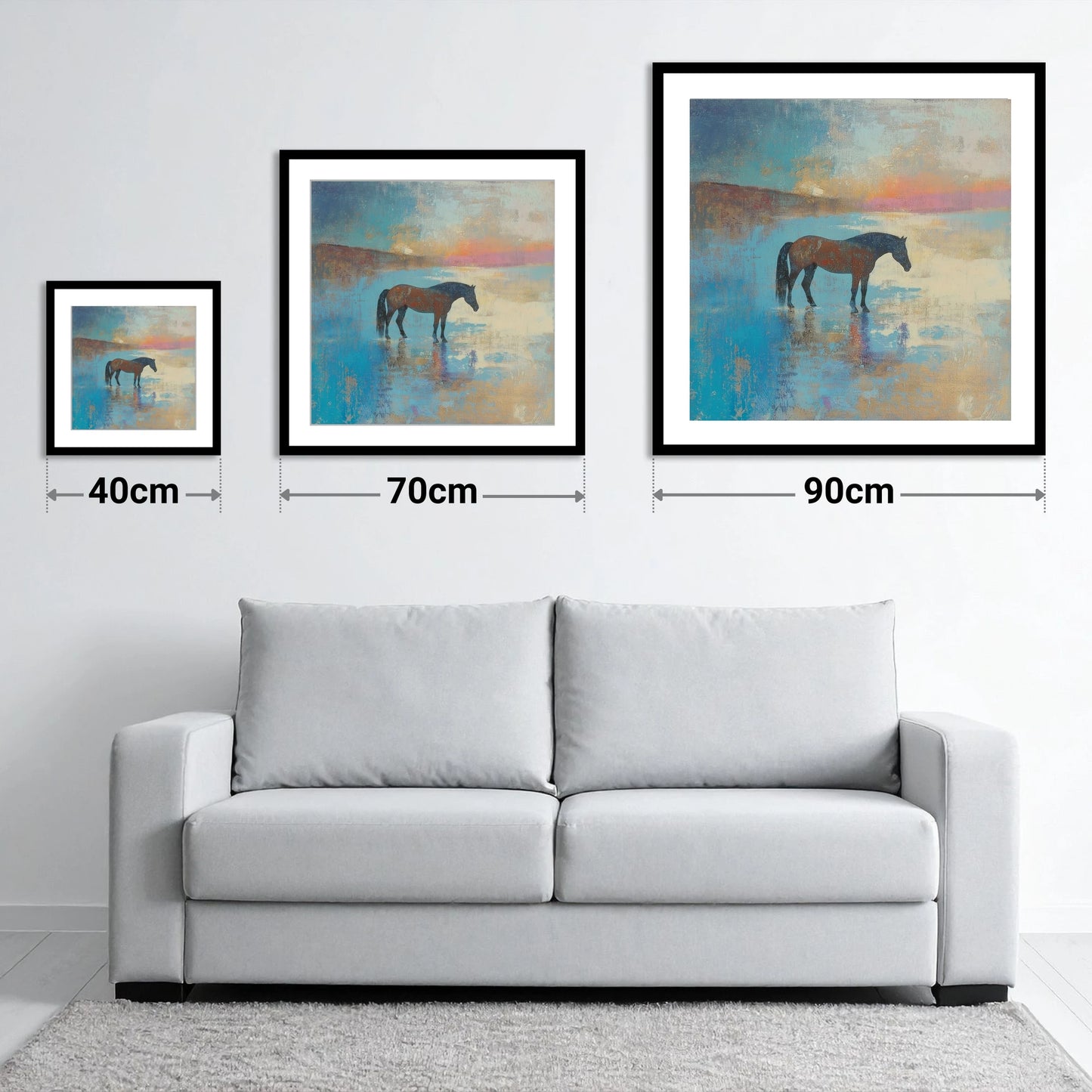 Silent Waters - size guide showing 40cm, 70cm and 90cm art prints