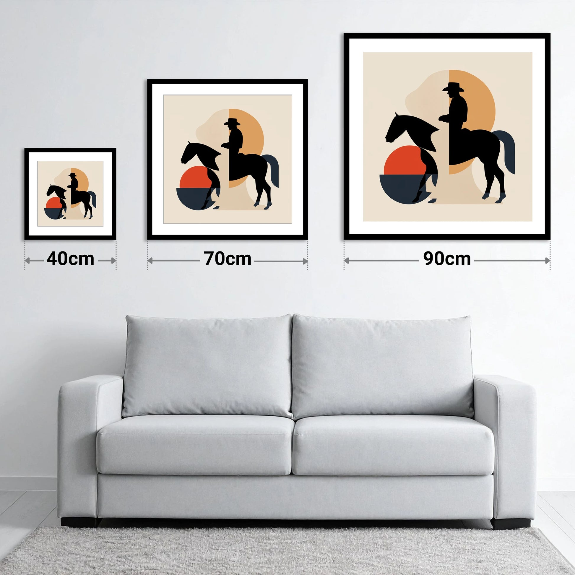 Mid-Century Western Rider - size guide showing 40cm, 70cm and 90cm art prints
