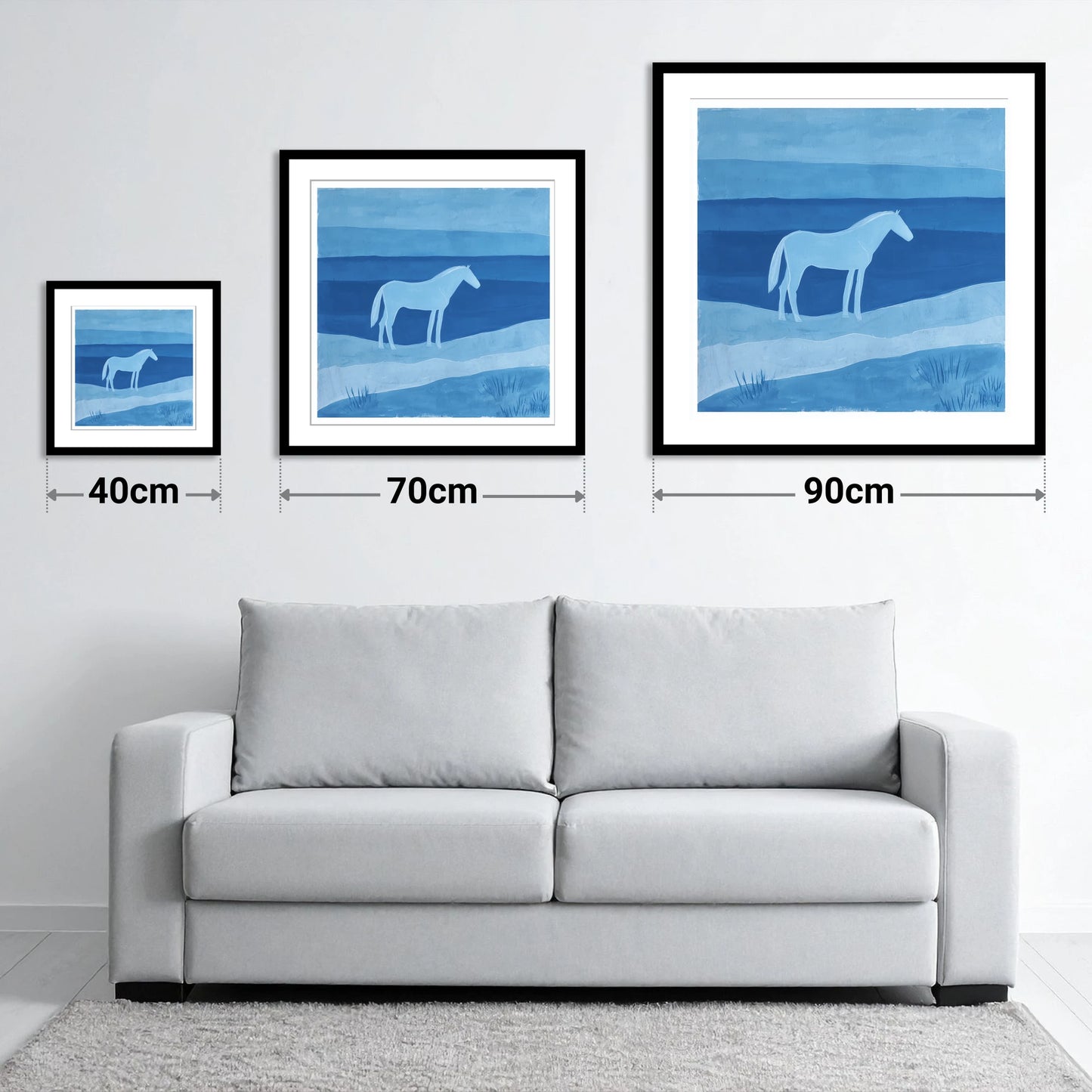 Cerulean Serenity - size guide showing 40cm, 70cm and 90cm art prints