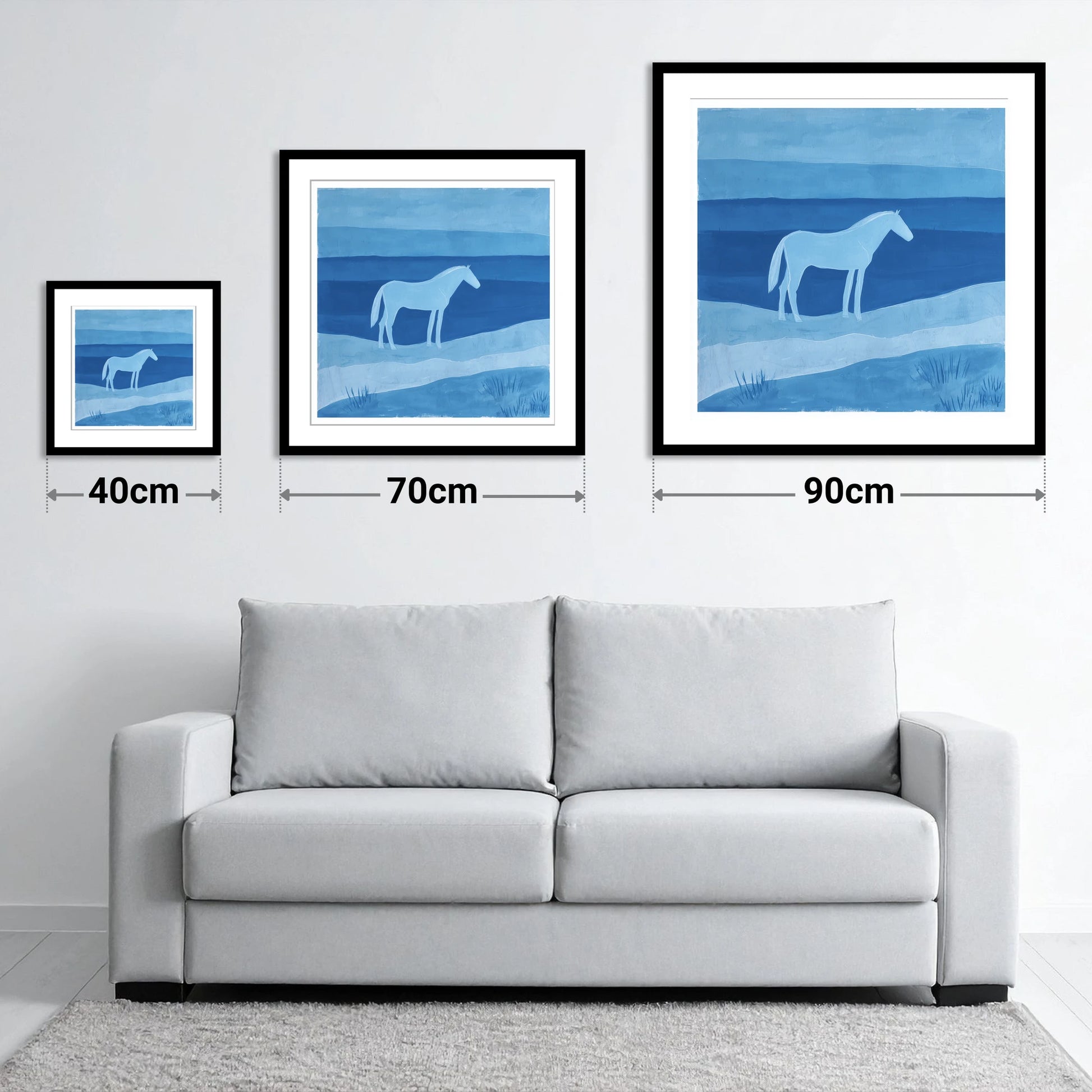 Cerulean Serenity - size guide showing 40cm, 70cm and 90cm art prints
