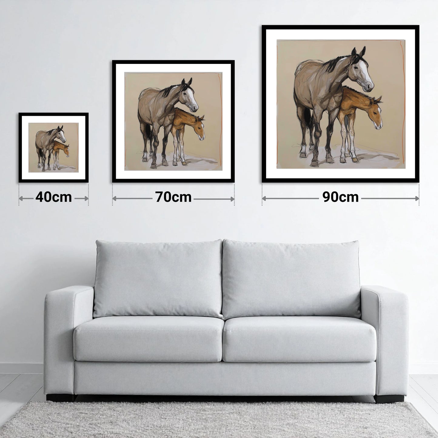 A Quiet Bond - size guide showing 40cm, 70cm and 90cm art prints
