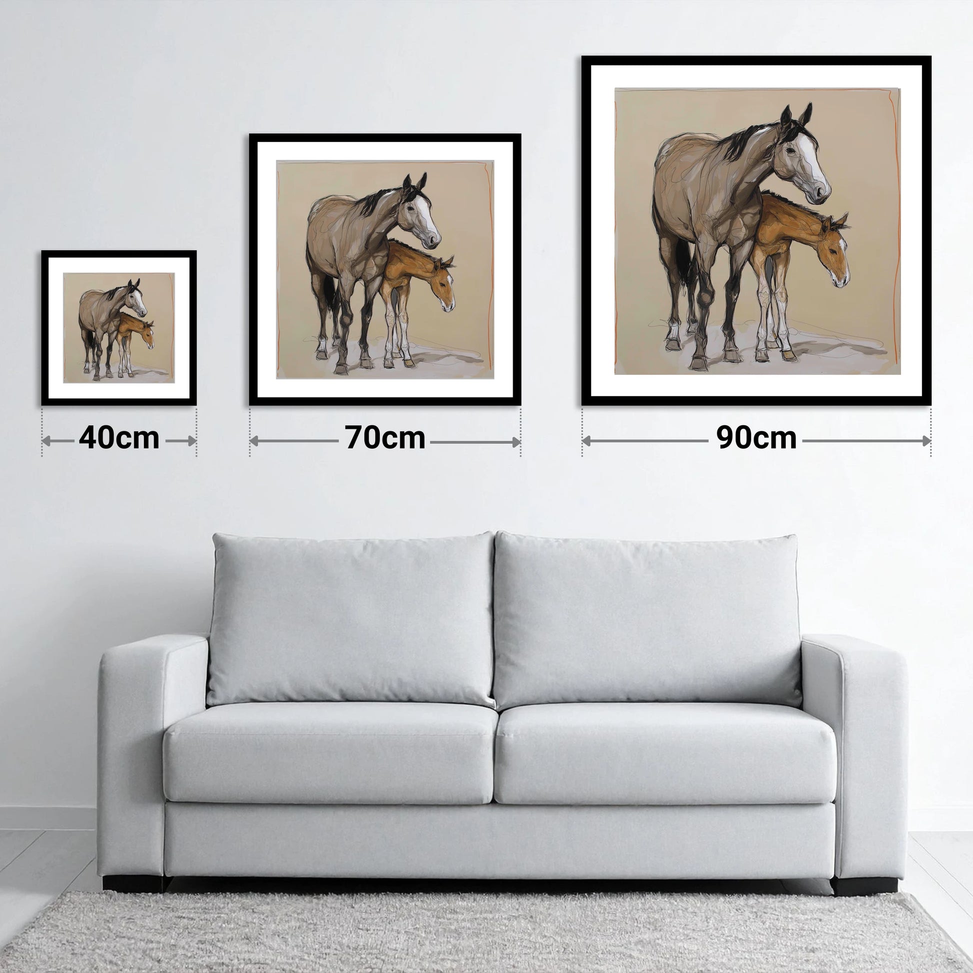 A Quiet Bond - size guide showing 40cm, 70cm and 90cm art prints