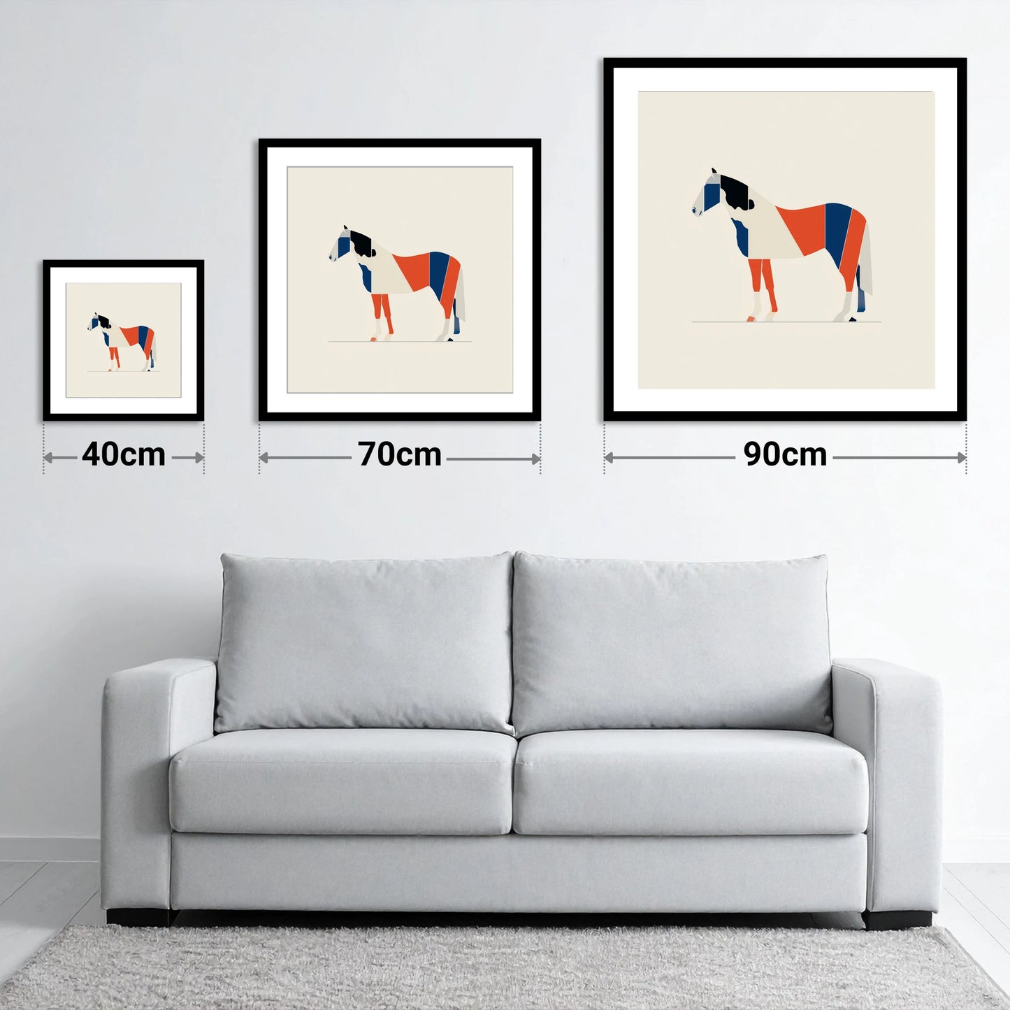 Modern Equine Geometry - size guide showing 40cm, 70cm and 90cm art prints