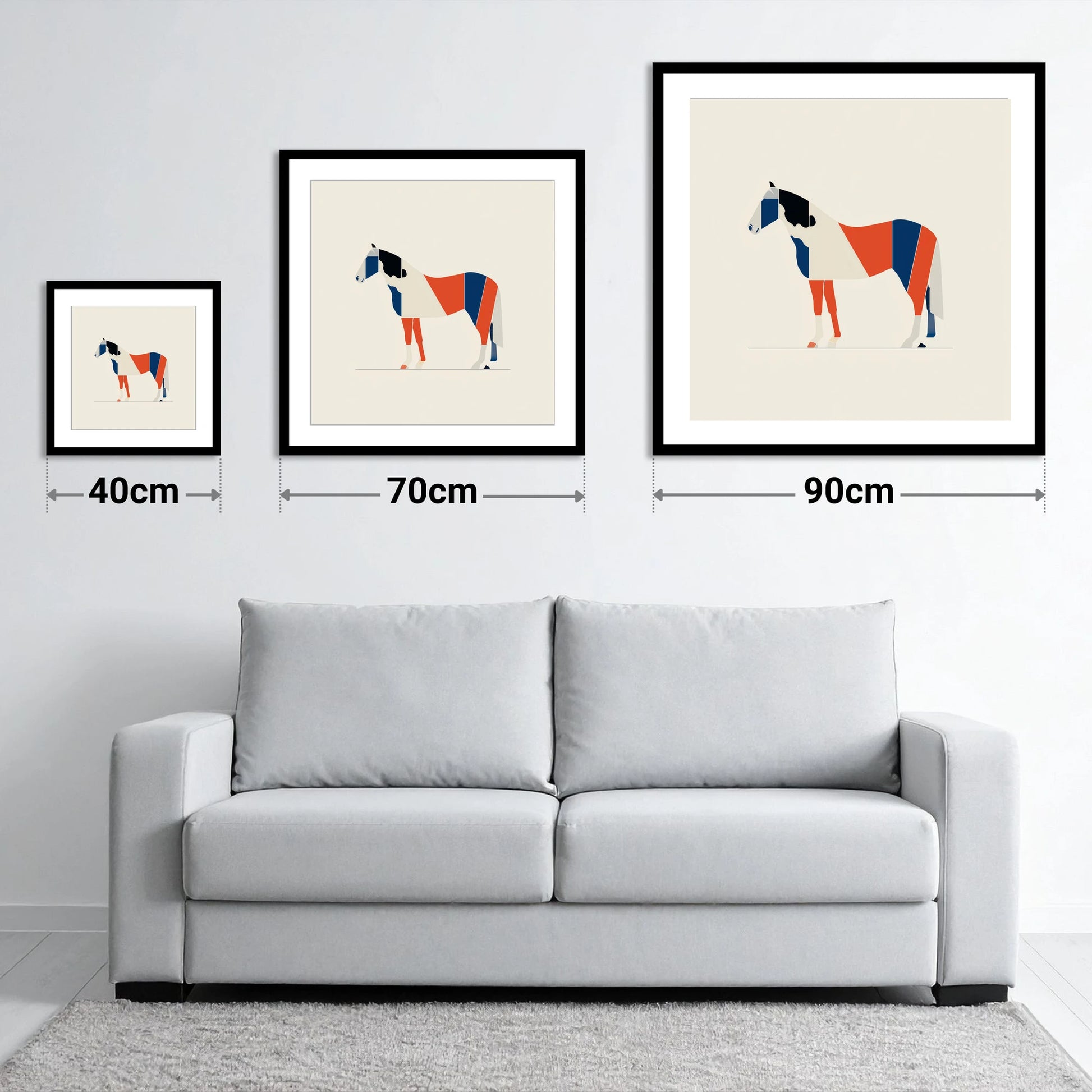 Modern Equine Geometry - size guide showing 40cm, 70cm and 90cm art prints