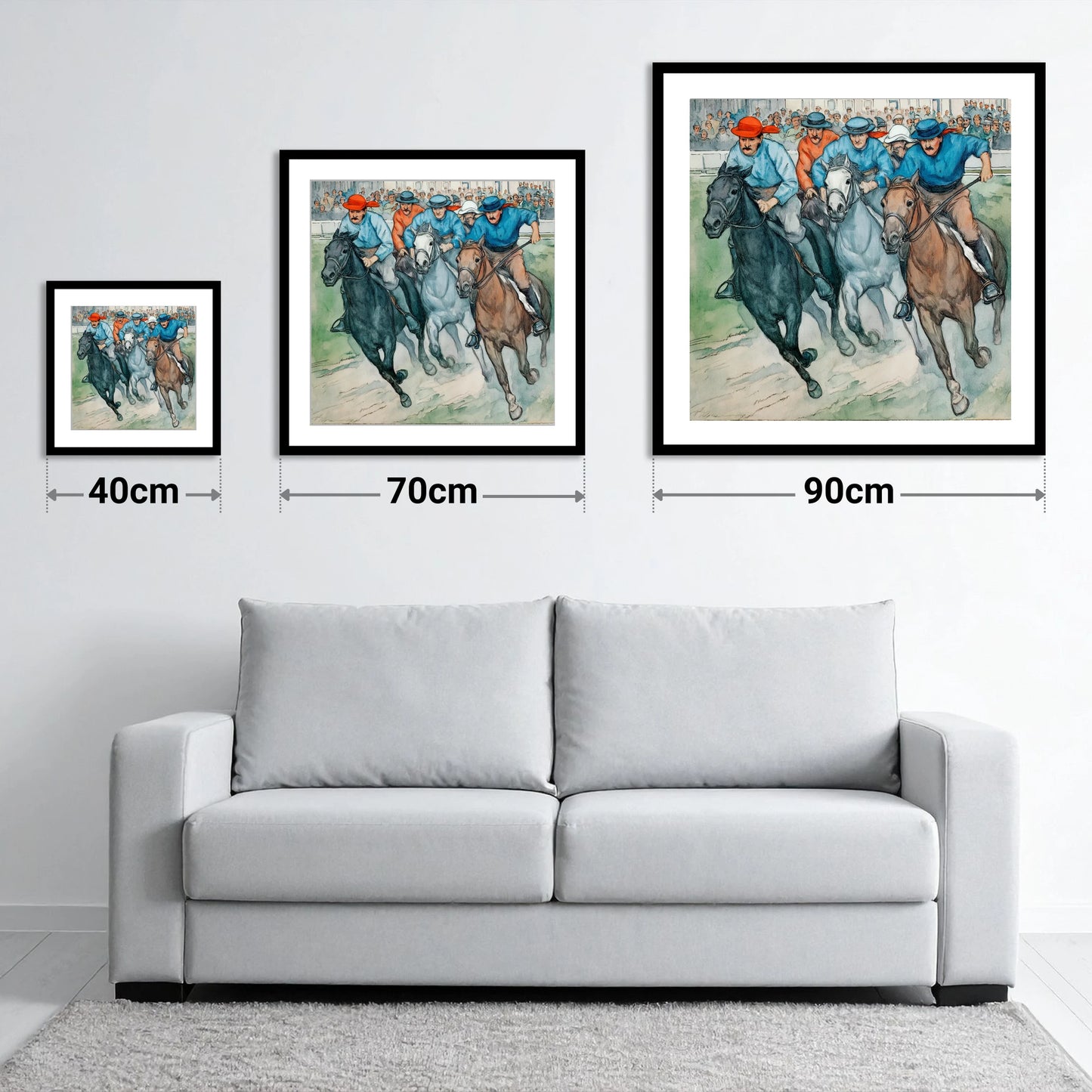 Classic Turf Rivalry - size guide showing 40cm, 70cm and 90cm art prints