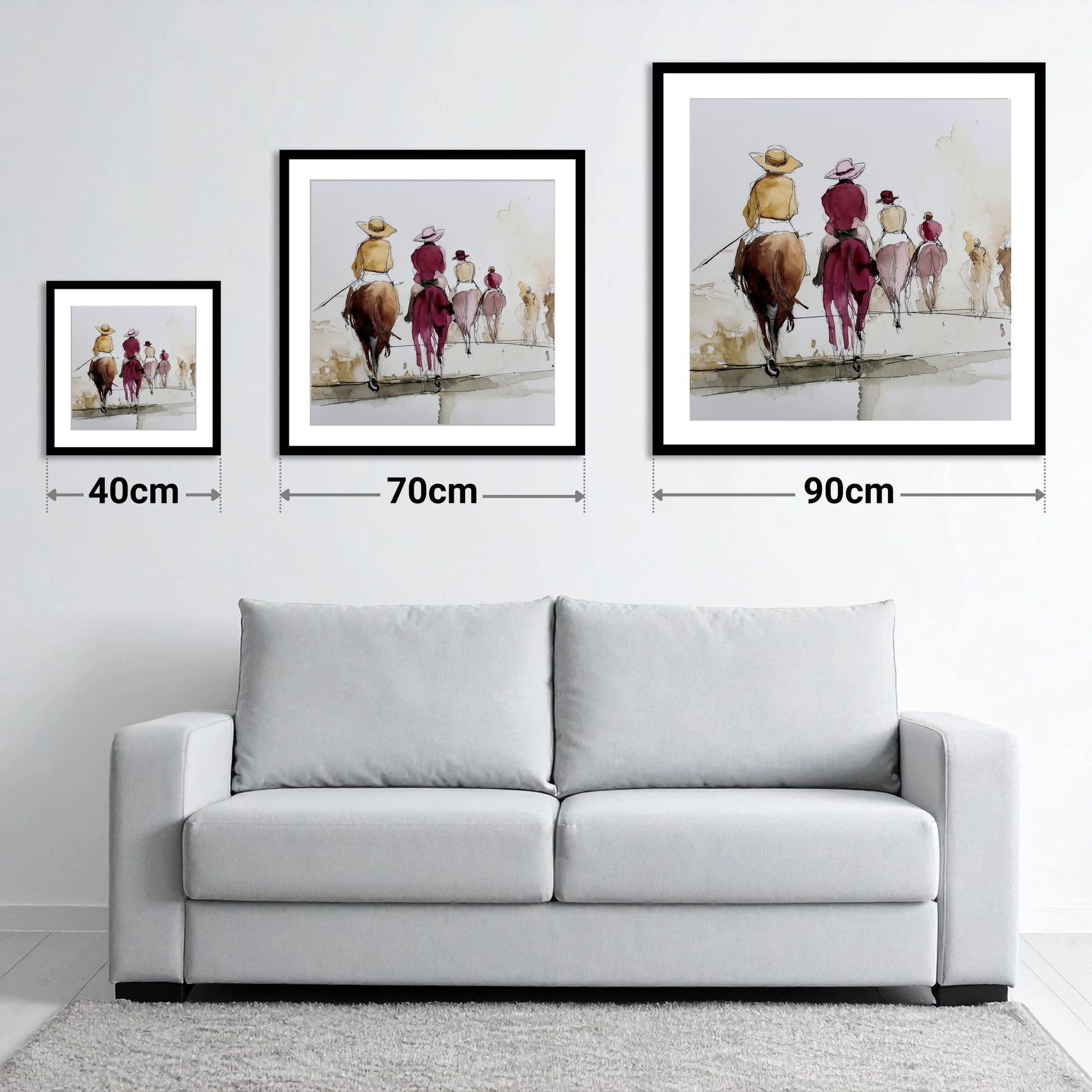 The Morning String - size guide showing 40cm, 70cm and 90cm art prints