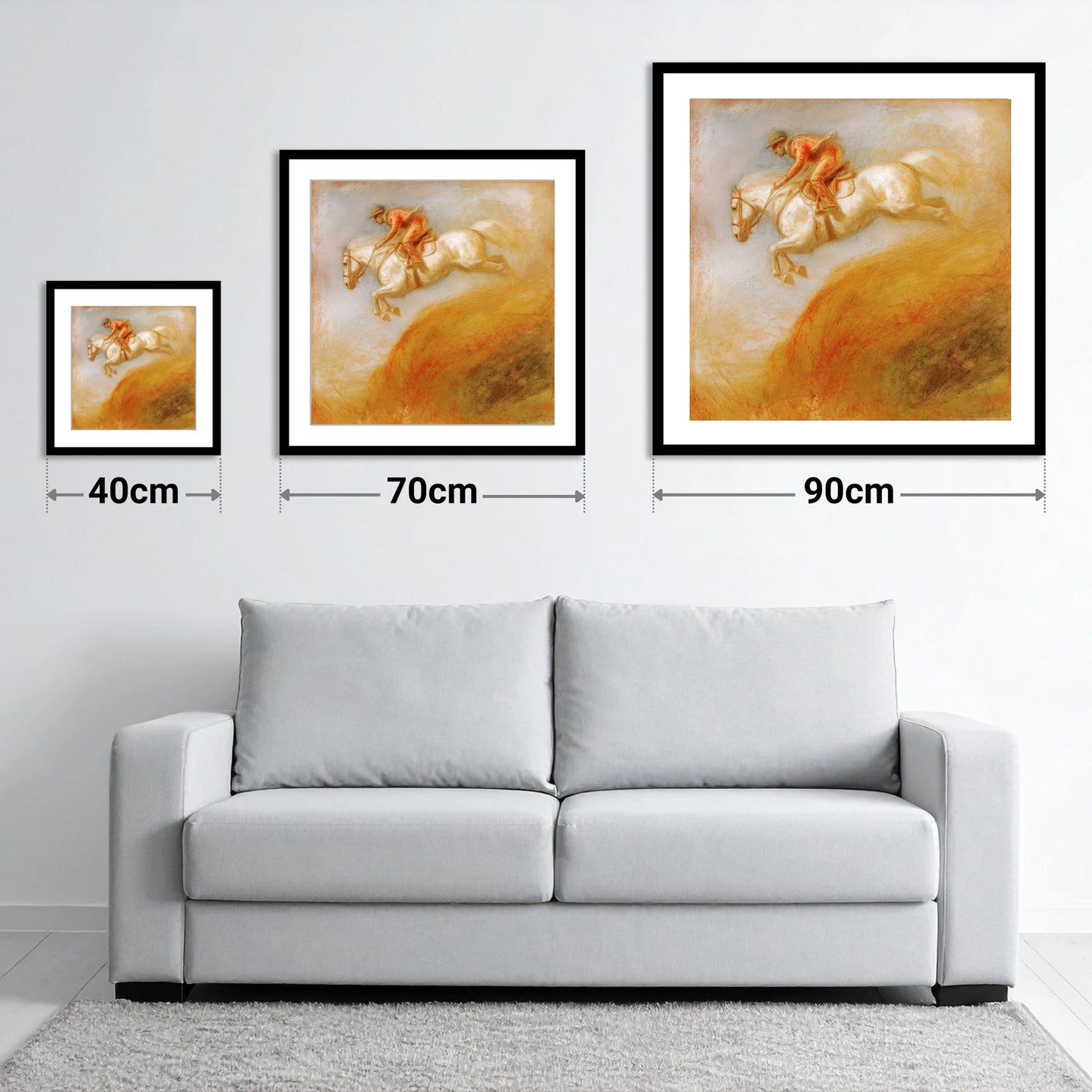 Terracotta Flight - size guide showing 40cm, 70cm and 90cm art prints
