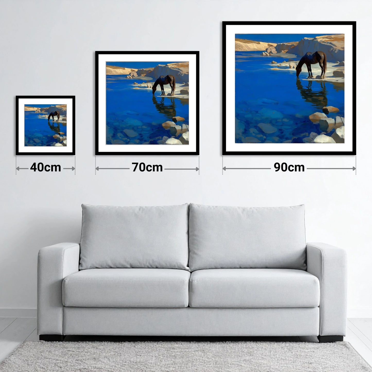 Ultramarine Oasis - size guide showing 40cm, 70cm and 90cm art prints