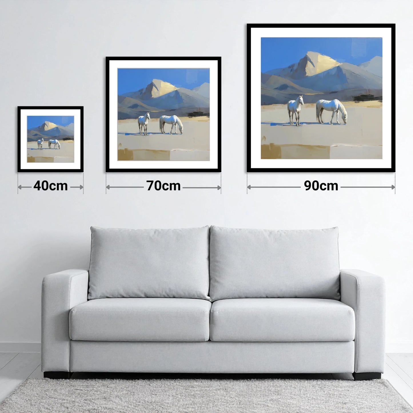 Golden Peak Greys - size guide showing 40cm, 70cm and 90cm art prints