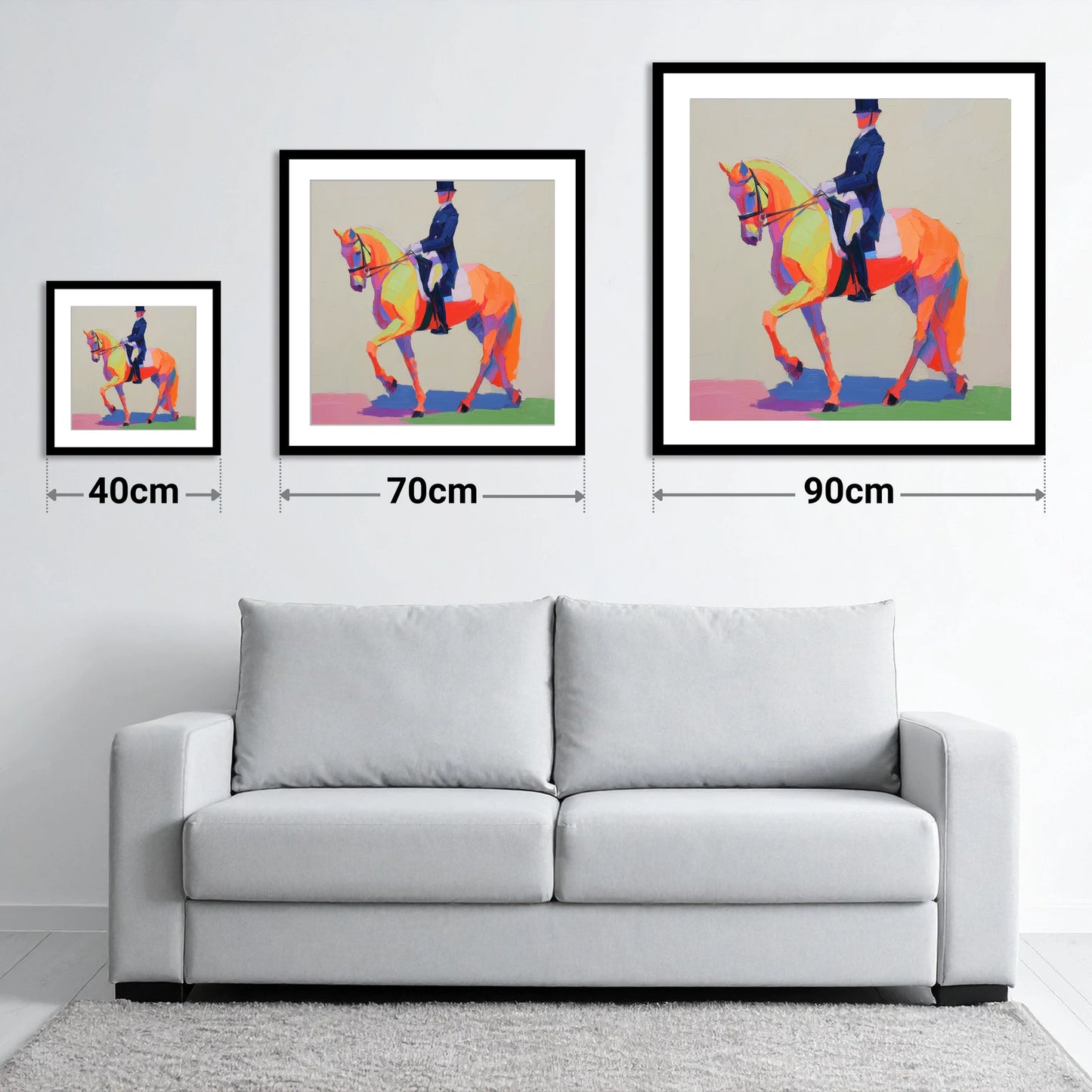 Vivid Dressage Rhythm - size guide showing 40cm, 70cm and 90cm art prints