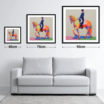 Vivid Dressage Rhythm - size guide showing 40cm, 70cm and 90cm art prints