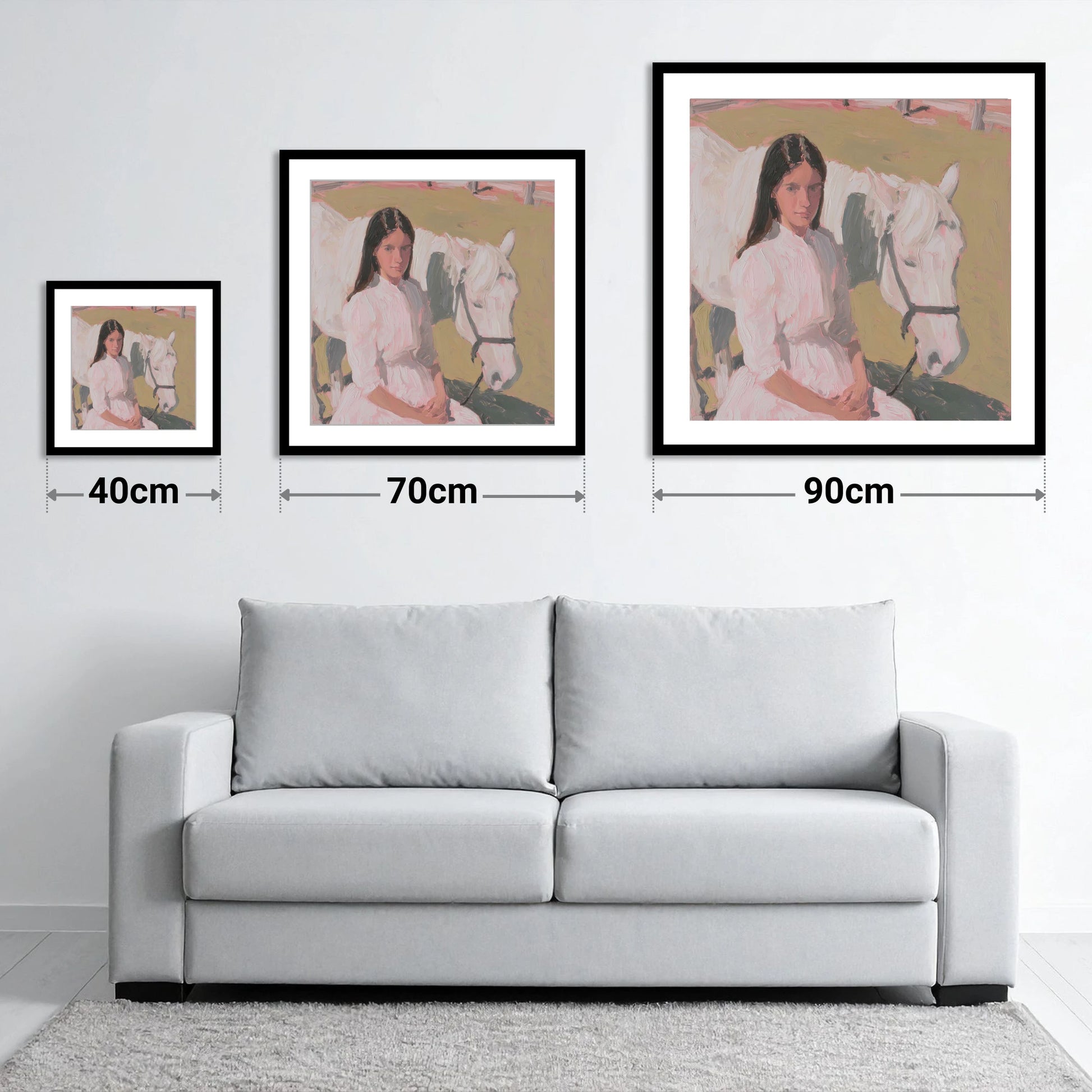 Pastel Companionship - size guide showing 40cm, 70cm and 90cm art prints