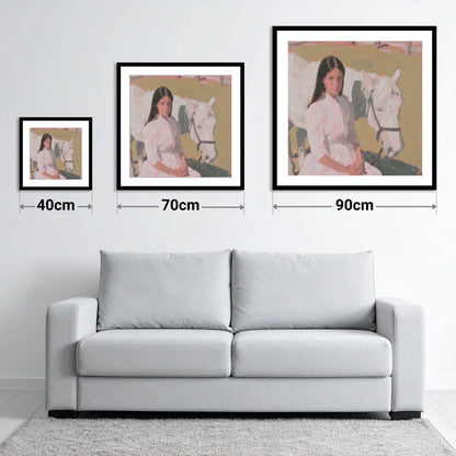 Pastel Companionship - size guide showing 40cm, 70cm and 90cm art prints