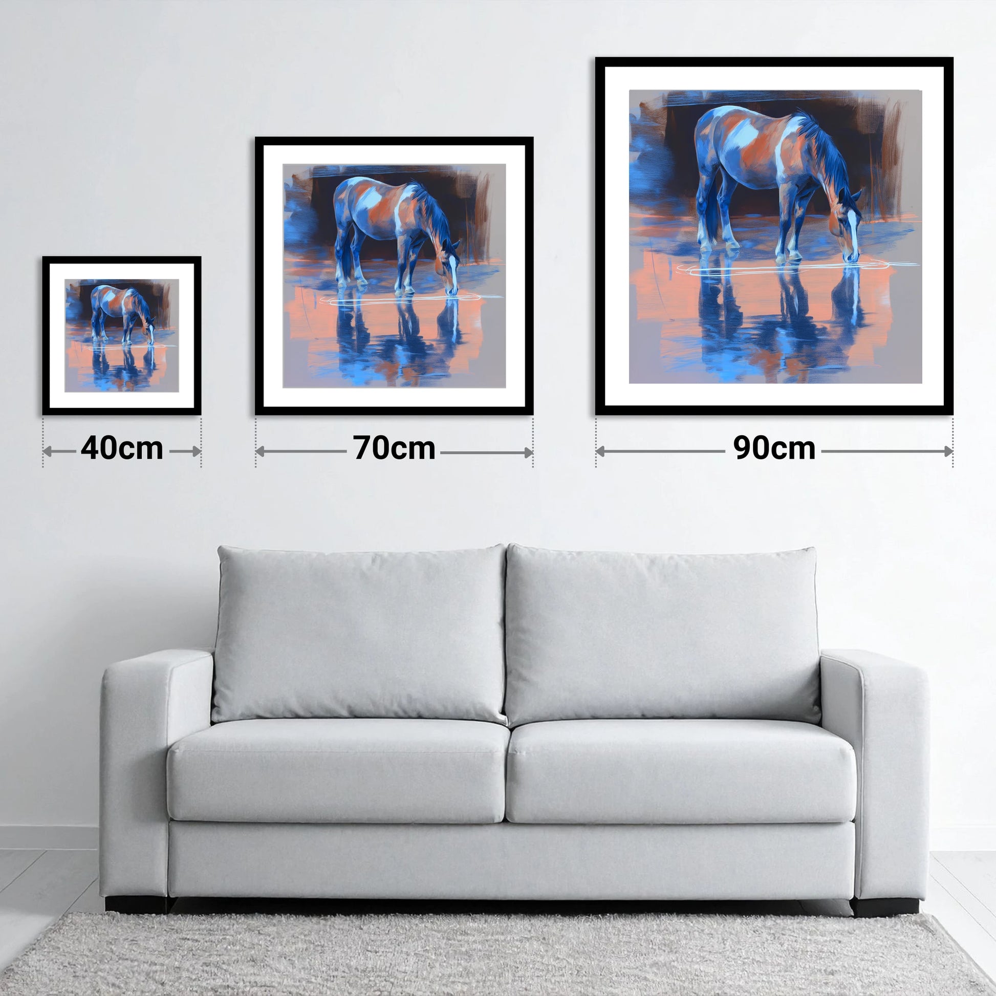 Tranquil Reflection - size guide showing 40cm, 70cm and 90cm art prints