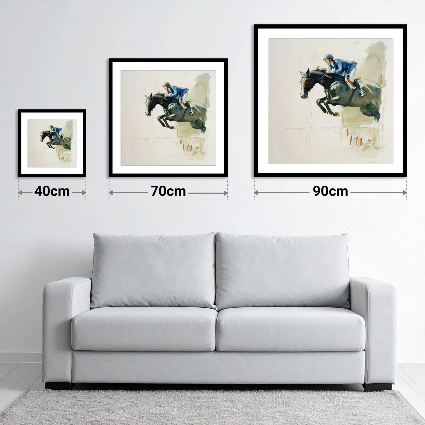 Suspended Grace - size guide showing 40cm, 70cm and 90cm art prints
