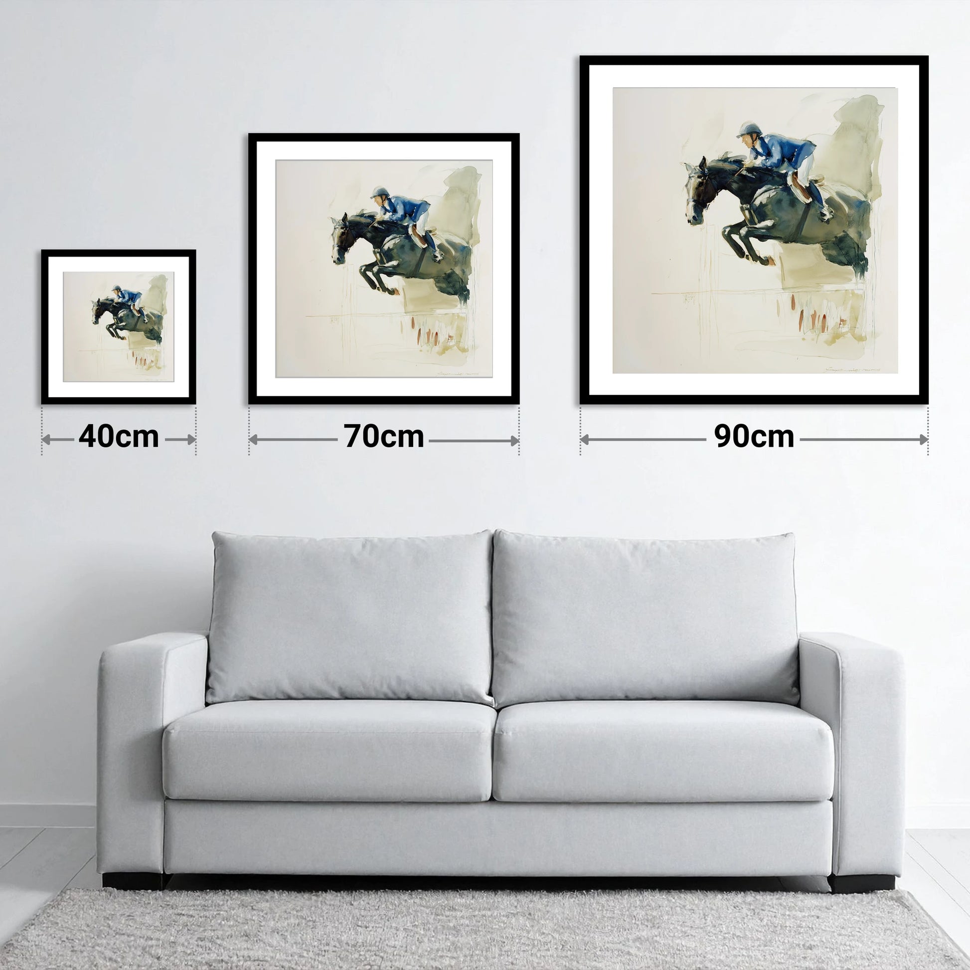 Suspended Grace - size guide showing 40cm, 70cm and 90cm art prints