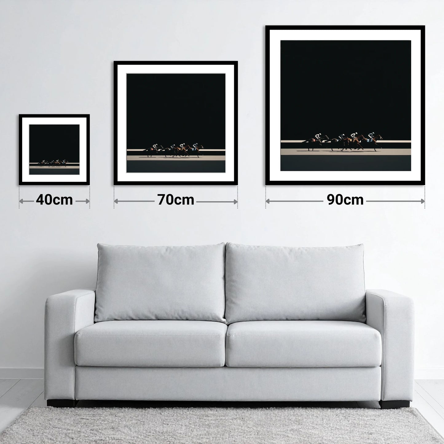 The Midnight Gallop - size guide showing 40cm, 70cm and 90cm art prints