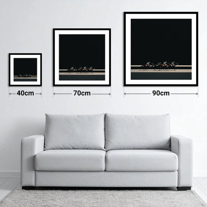 The Midnight Gallop - size guide showing 40cm, 70cm and 90cm art prints