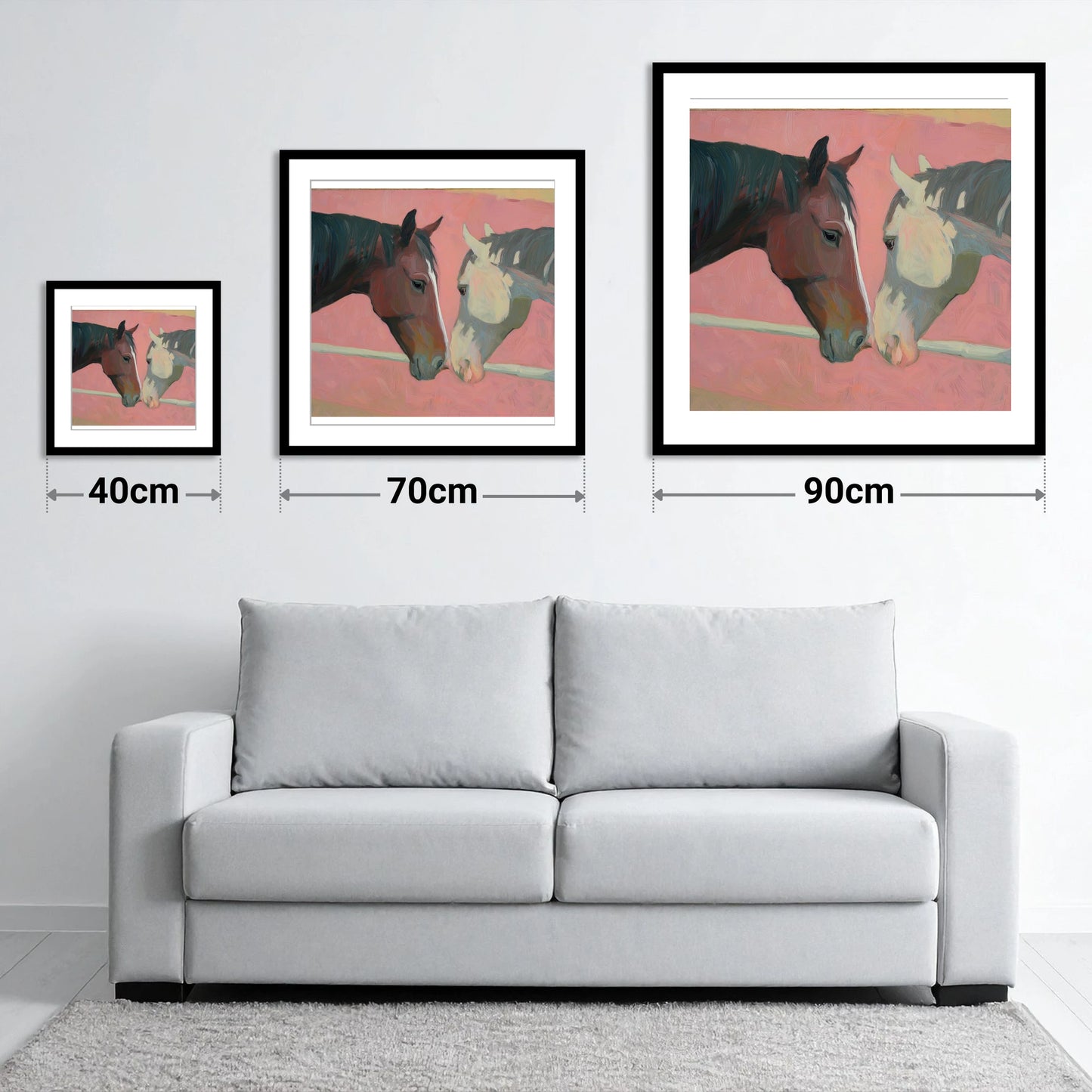 Quiet Companions - size guide showing 40cm, 70cm and 90cm art prints