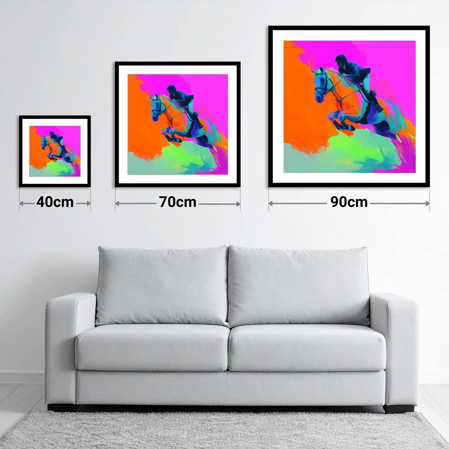 Technicolour Flight - size guide showing 40cm, 70cm and 90cm art prints