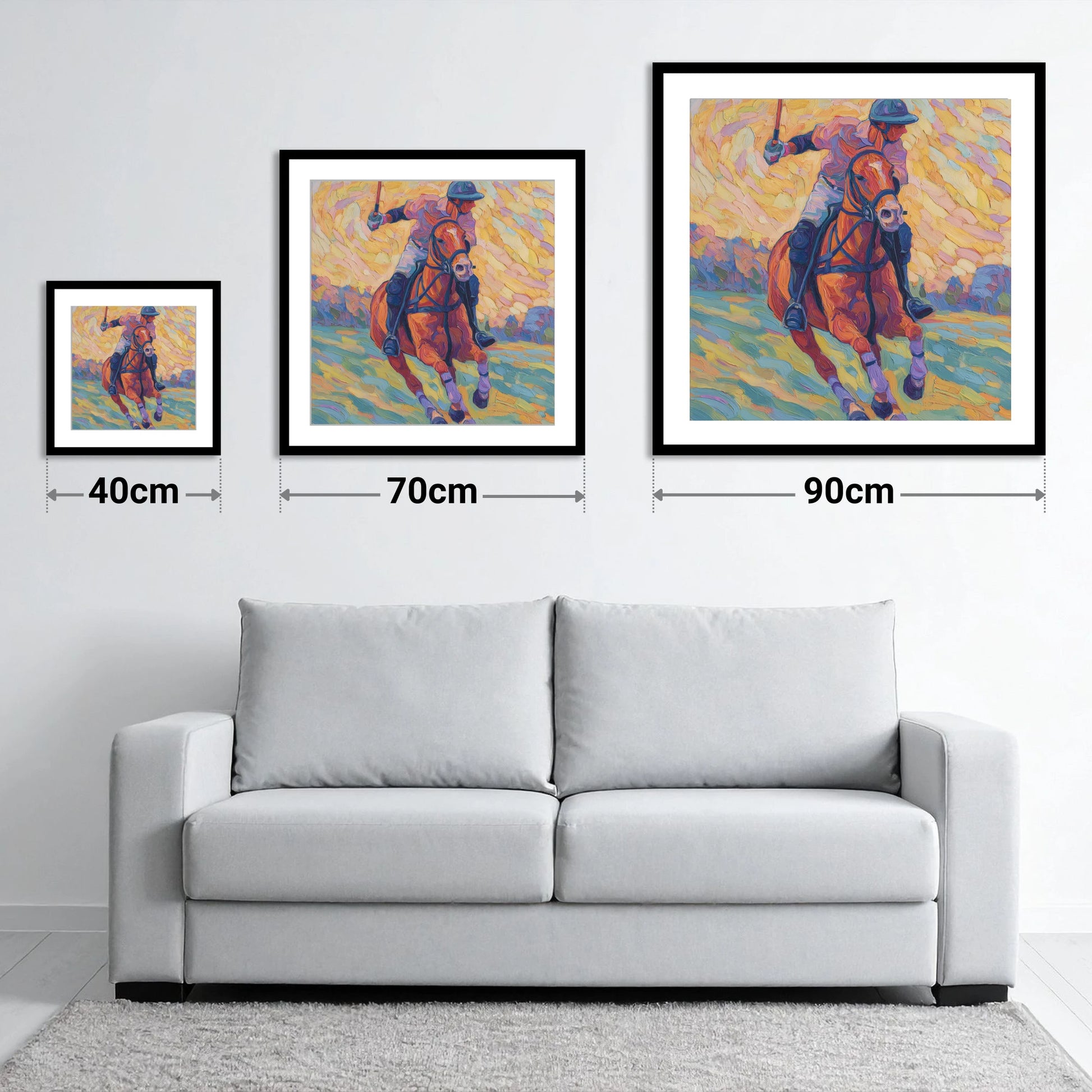 Vivid Polo Pursuit - size guide showing 40cm, 70cm and 90cm art prints