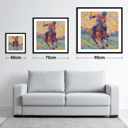 Vivid Polo Pursuit - size guide showing 40cm, 70cm and 90cm art prints