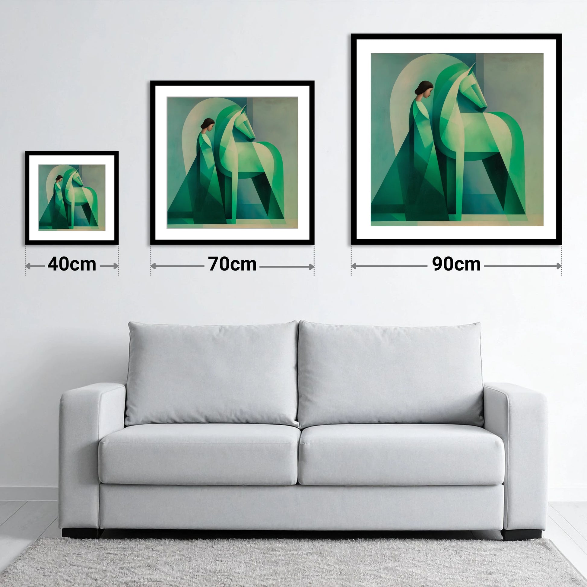 Facets of Connection - size guide showing 40cm, 70cm and 90cm art prints