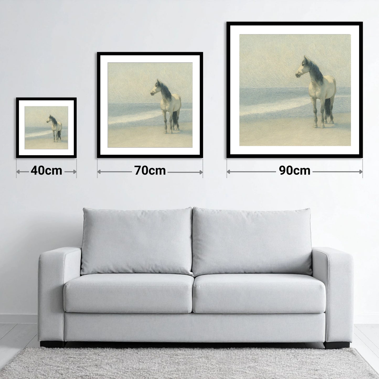 Solitary Shoreline Grey - size guide showing 40cm, 70cm and 90cm art prints