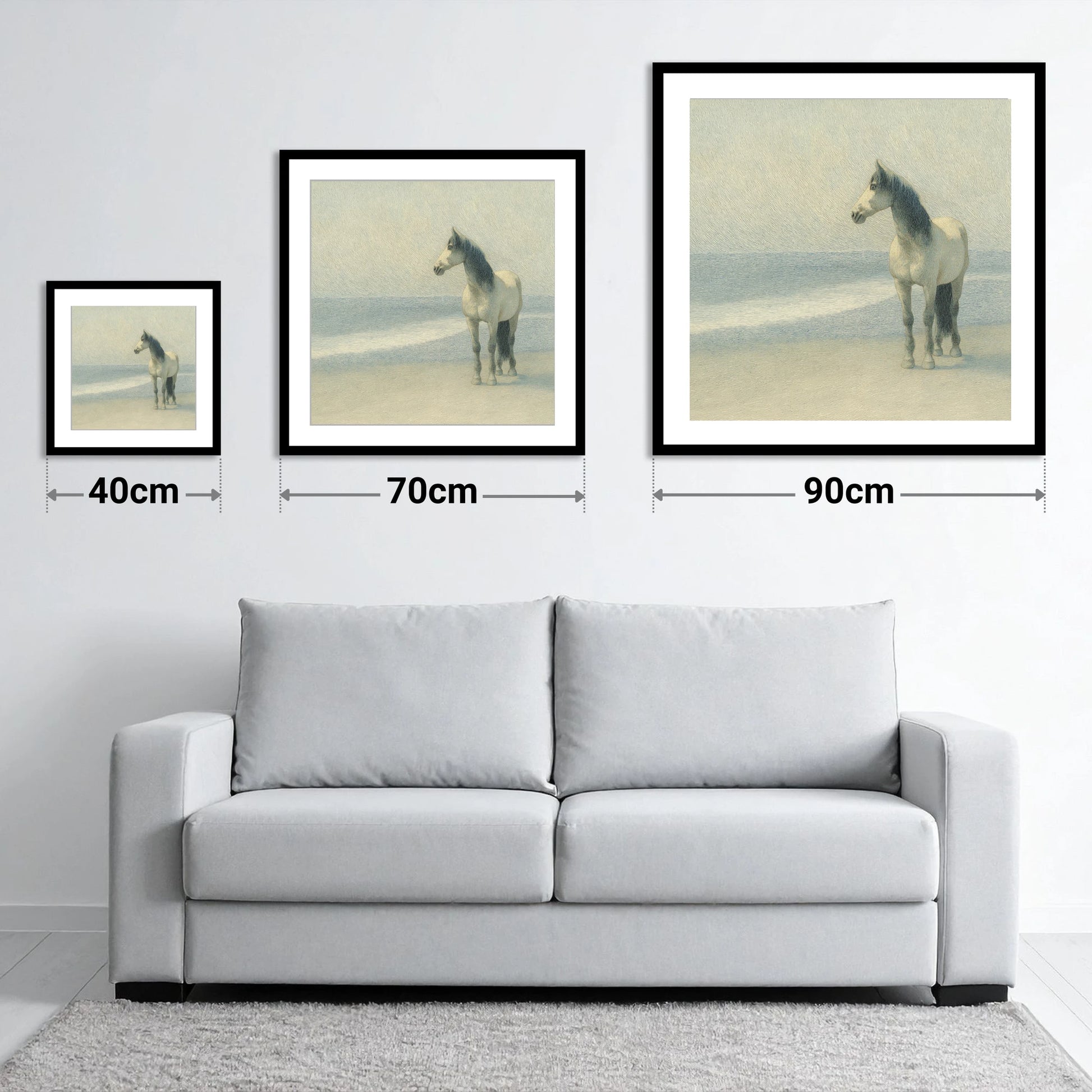Solitary Shoreline Grey - size guide showing 40cm, 70cm and 90cm art prints