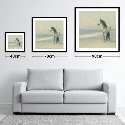 Solitary Shoreline Grey - size guide showing 40cm, 70cm and 90cm art prints