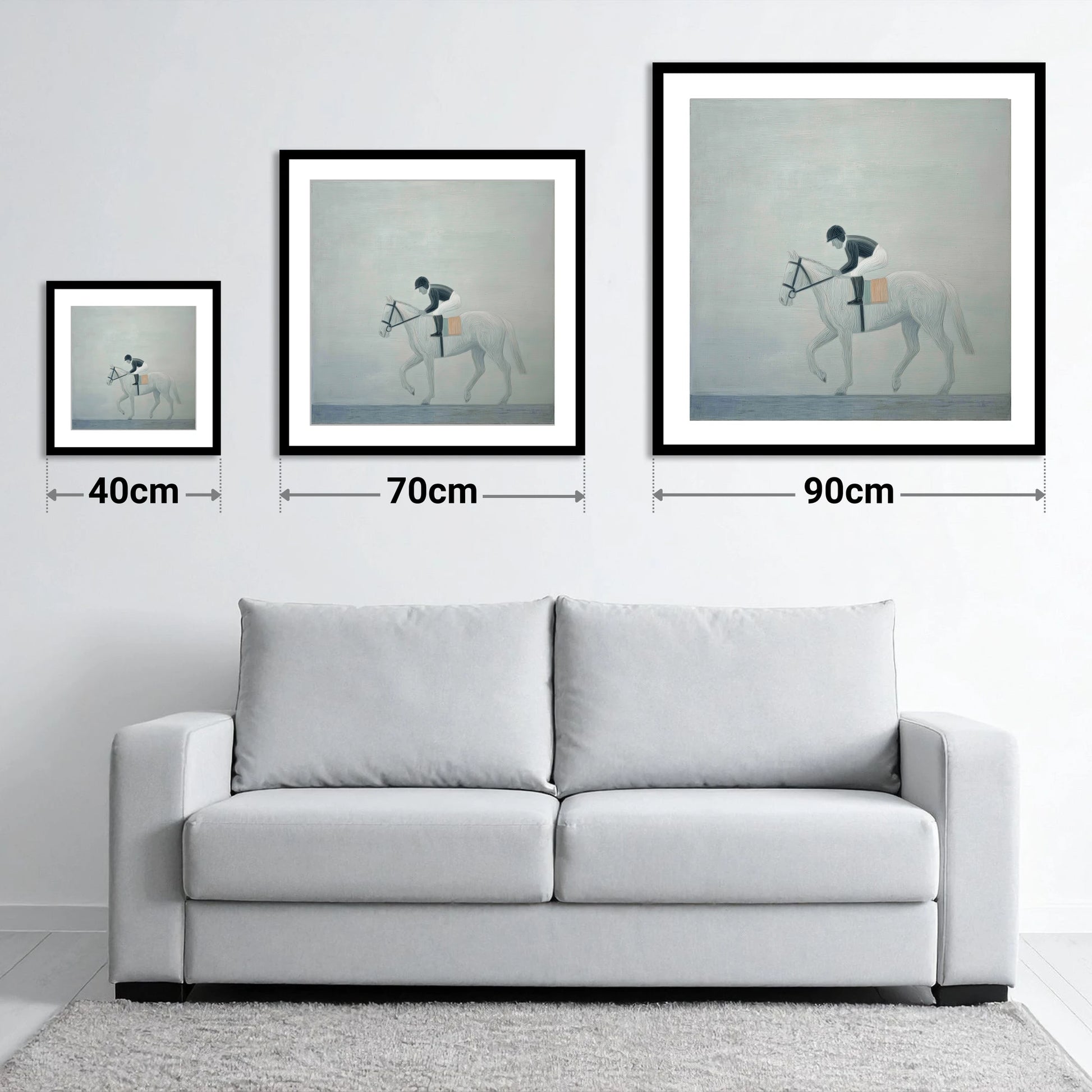 The Quiet Contender - size guide showing 40cm, 70cm and 90cm art prints